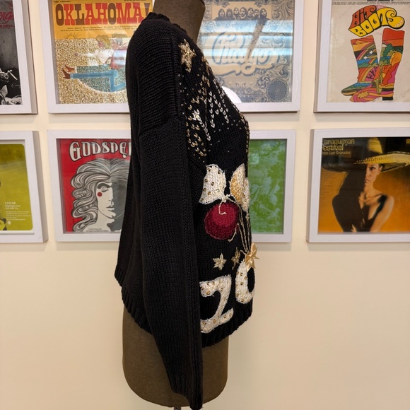 Vintage Y2K 2000 Happy New Year Cardigan Beaded Sequin Knit Sweater Black Gold - Picture 2 of 11